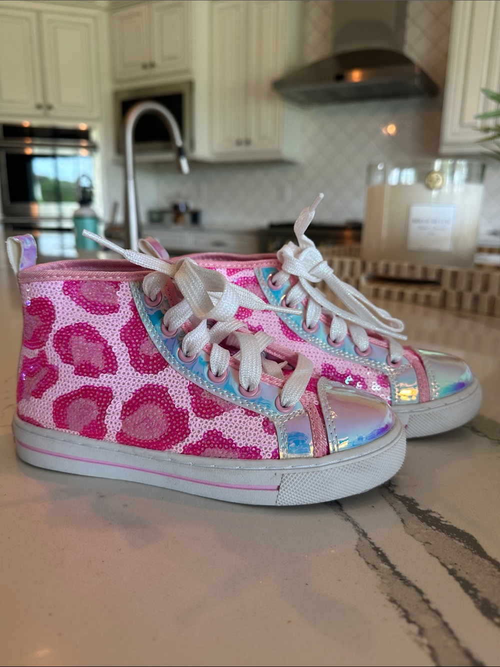 JoJo Siwa Pink Sequin Leopard High-Top Sneakers with Iridescent Trim
